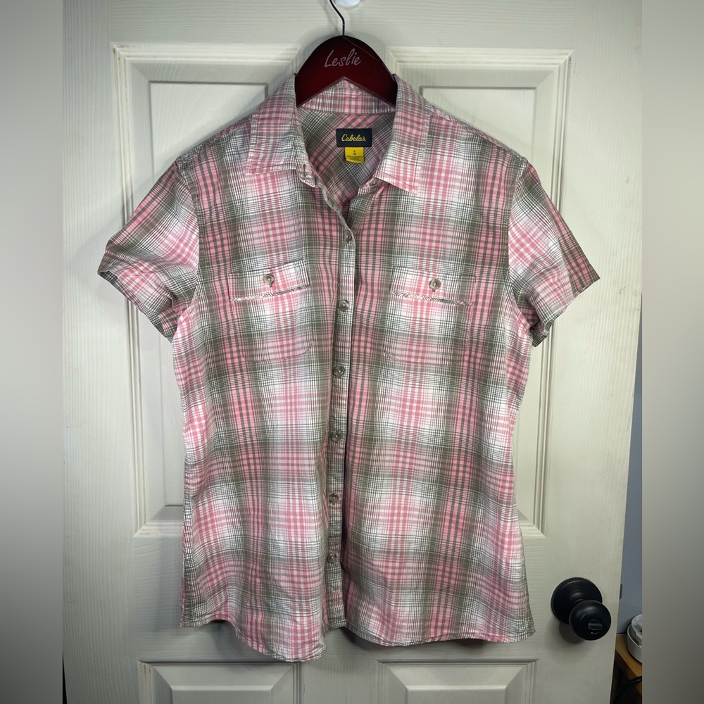 Cabalas short sleeve button down plaid shirt.
